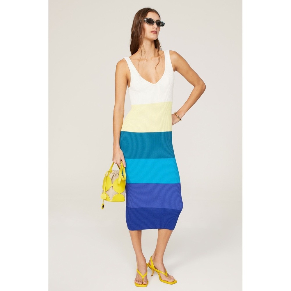 STAUD Blue White Colorblock Stripe Sleeveless V-Neck Dana Midi Dress Size Medium